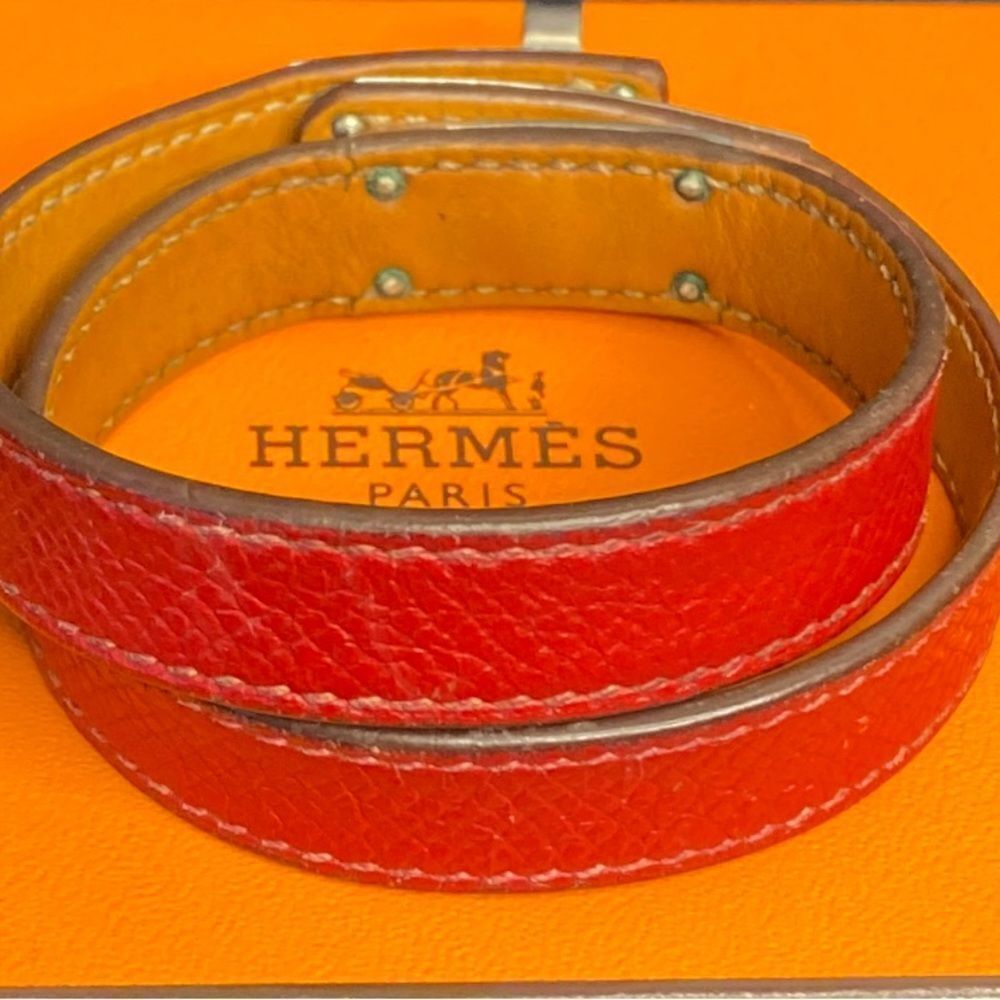 🛍️Hermes Authentic Red Leather Kelly Double Tour Bracelet with Silver Hardware - Picture 8 of 15